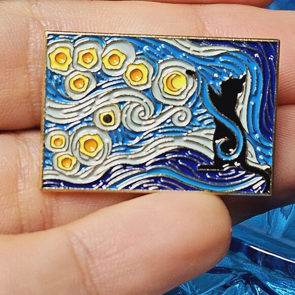 Starry Night Black Cat Enamel Pin Van Gogh Oil Painting Brooch Lapel Badge Set 4 - Picture 13 of 14